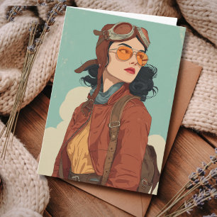 Carte Fille Aviatrice Vintage Rétro Anniversaire de Voya