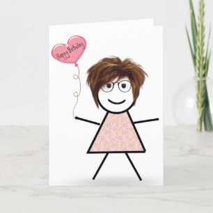 Carte Fille bâton avec ballon en forme de cœur pour anni