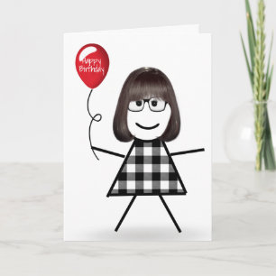 Carte Fille bâton d'anniversaire avec ballon rouge 