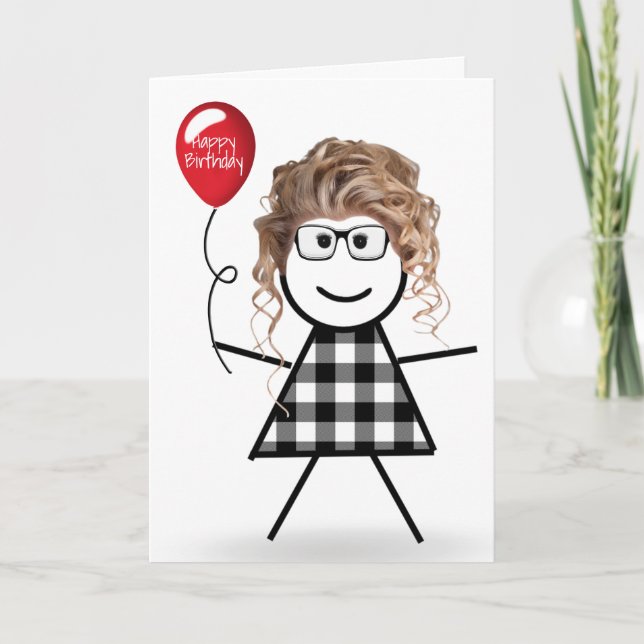 Carte Fille bâton d'anniversaire avec ballon rouge (Devant)