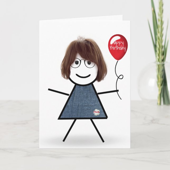 Carte Fille bâton d'anniversaire avec ballon rouge (Devant)