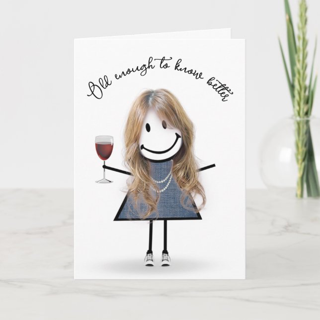 Carte Fille bâton d'anniversaire avec verre à vin (Devant)