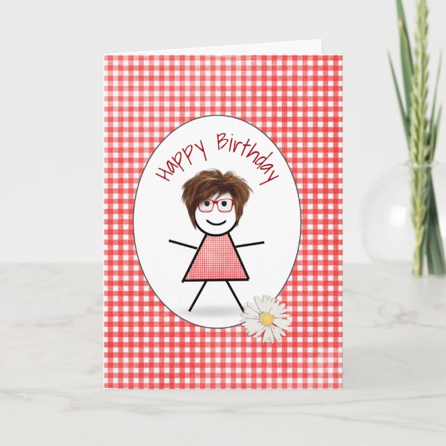 Carte Fille Bâton d'Anniversaire sur Gingham (Devant)