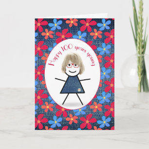 Carte Fille bâton et marguerites sur denim pour 100e ann