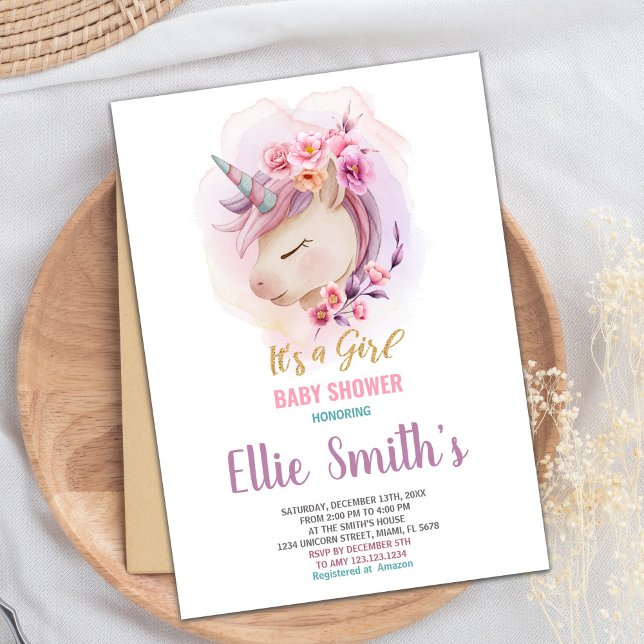 Carte Fille Bébé ou Fête de douche modifiable (Floral Unicorn Baby Shower Invitations)