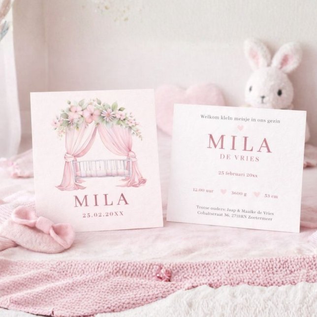 Carte Fille Berceau Rose Fleurs Aquarelle Naissance (Créateur téléchargé)