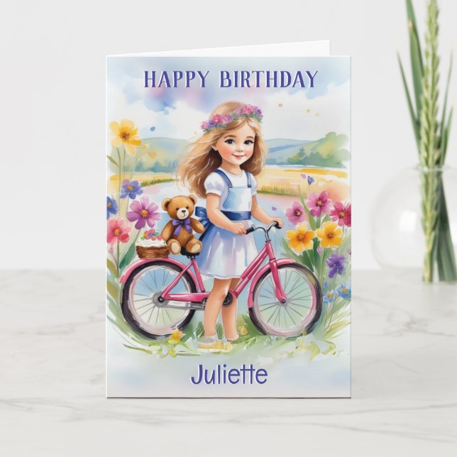 Carte Fille Bicyclette Fleurs Ourson Joli Joyeux Anniver (Devant)