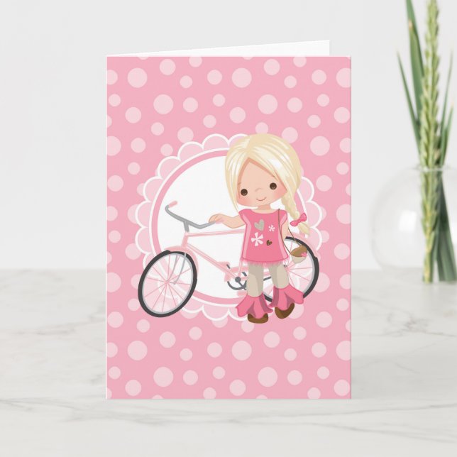 Carte Fille blonde à bicyclette - Rose Blanc (Devant)