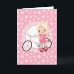 Carte Fille blonde à bicyclette - Rose Blanc<br><div class="desc">Ce design présente une jolie fille blonde avec son vélo rose. Sur fond rose et blanc avec accent de coquille mignonne.</div>