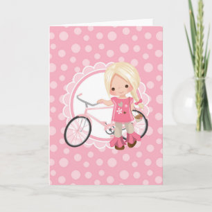 Carte Fille blonde à bicyclette - Rose blanc
