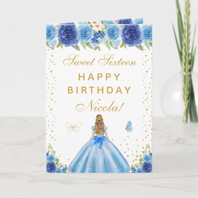 Carte Fille blonde aux cheveux bleus floraux Sweet Sixte (Devant)