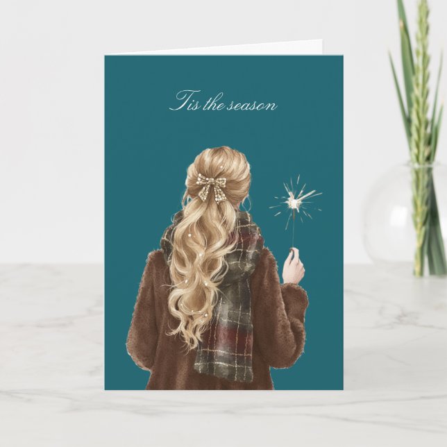 Carte Fille blonde de Noël célébration avec cierge magiq (Devant)