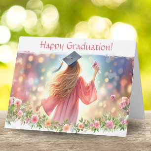 Carte Fille blonde diplômée heureuse avec des fleurs