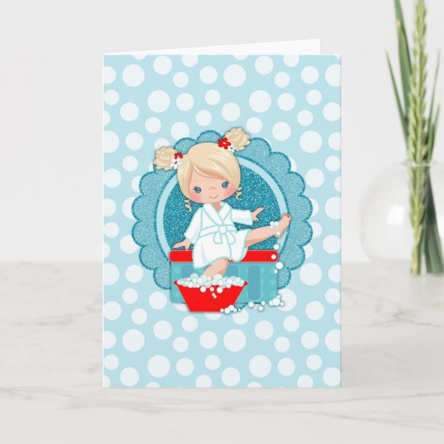 Carte Fille blonde du Spa Bulles Turquoise Rouge Blanc (Devant)