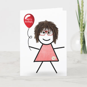 Carte Fille bonhomme allumettes avec ballon d'anniversai