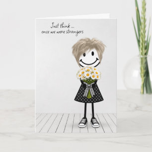 Carte Fille bonhomme allumettes avec bouquet de pâqueret