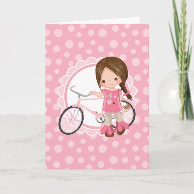 Carte Fille brune à bicyclette - Rose Blanc (Devant)