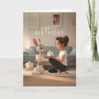 Carte Fille brune avec un mignon lapin en robe d'anniver
