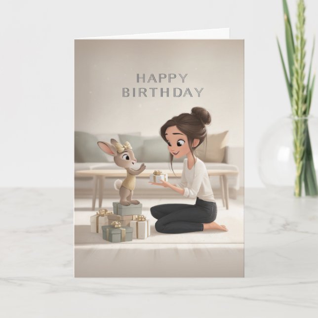 Carte Fille brune offrant un lapin en or pour un cadeau  (Devant)
