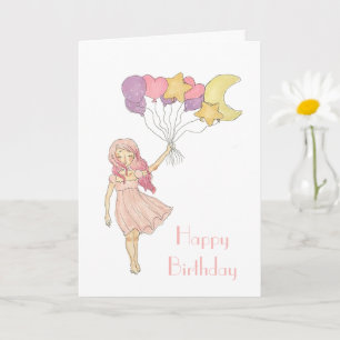 Carte Fille Cœur Violet Étoiles Lune Ballons Anniversair