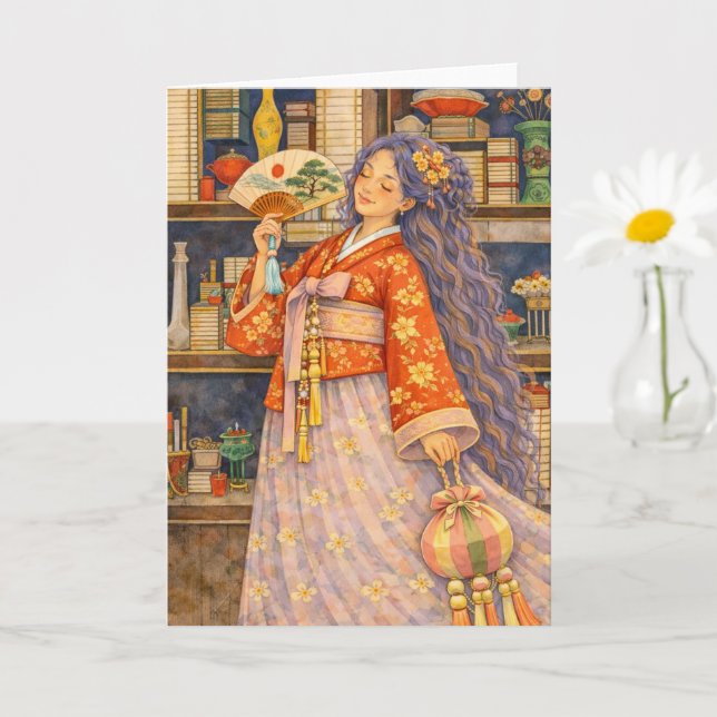 Carte Fille coréenne rêveuse en hanbok avec éventail et  (Petite plante)