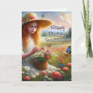 Carte Fille cueillant des fleurs petite-fille anniversai