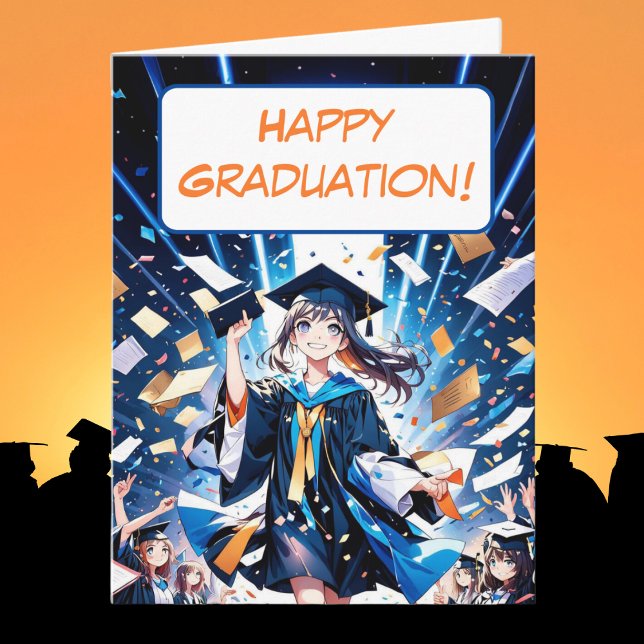 Carte Fille d'anime de remise de diplômes heureuse en ca (Happy Graduation Anime!! Celebrate in style!)
