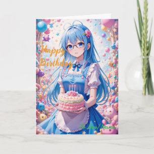 Carte Fille d'anime et célébration de gâteau kawaii