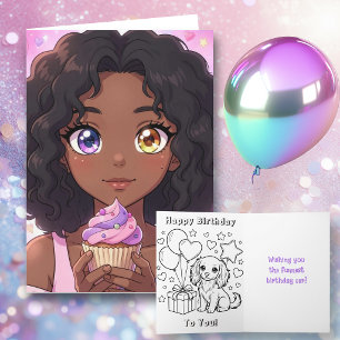Carte Fille d'anime rose Anniversaire et page de coloria
