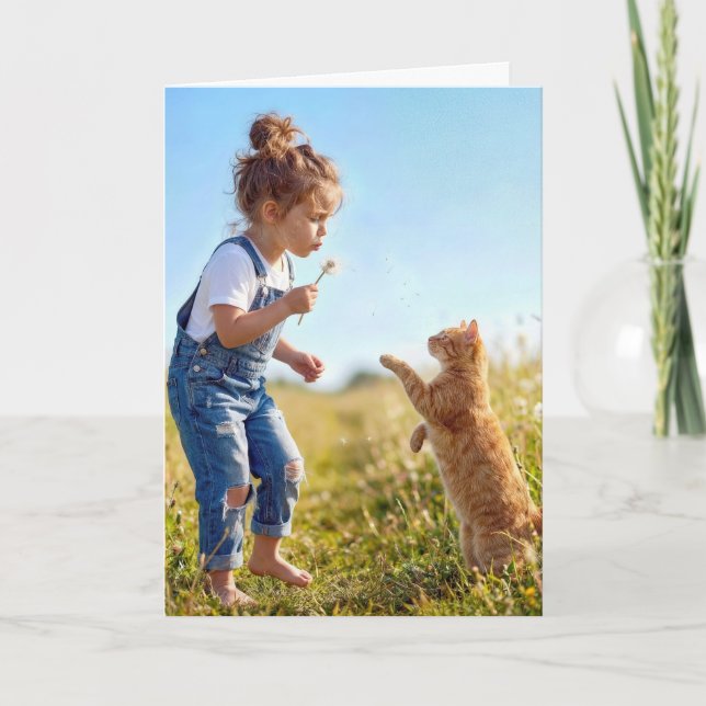 Carte Fille d'anniversaire avec chat dans les pissenlits (Devant)