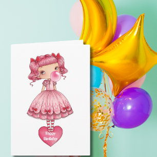 Carte Fille d'anniversaire en Pigtails Lolita robe bulle