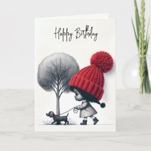 Carte Fille d'anniversaire marchant son chien
