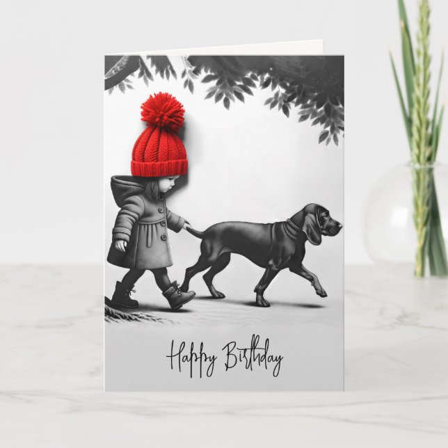Carte Fille d'anniversaire marchant son chien (Devant)