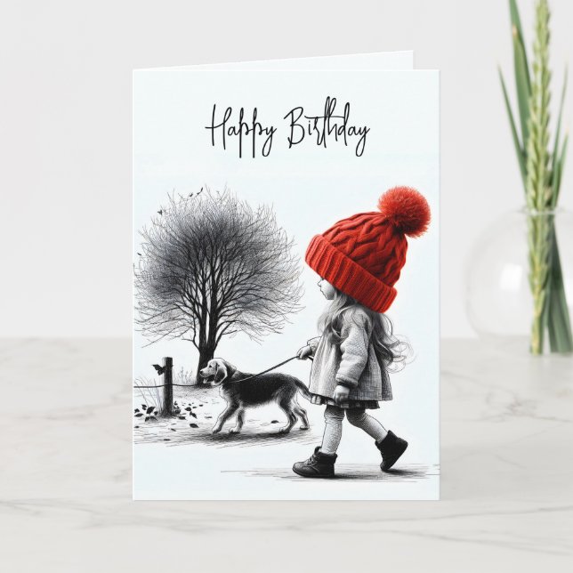 Carte Fille d'anniversaire marchant son chien (Devant)