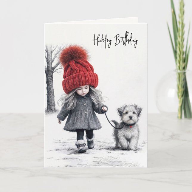Carte Fille d'anniversaire marchant son chien (Devant)