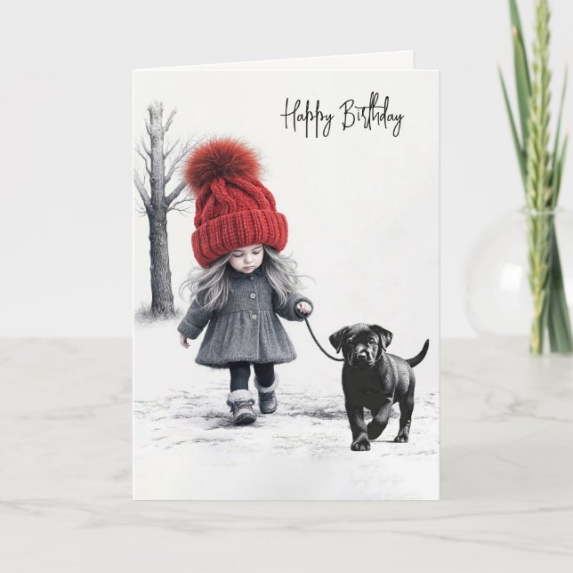 Carte Fille d'anniversaire marchant son chien noir (Devant)