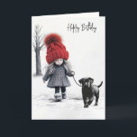 Carte Fille d'anniversaire marchant son chien noir<br><div class="desc">Dessin d'une jeune fille portant un grand casquette tricoté rouge 3D avec un pompon marchant avec un chien noir. Tout le texte peut être modifié.</div>