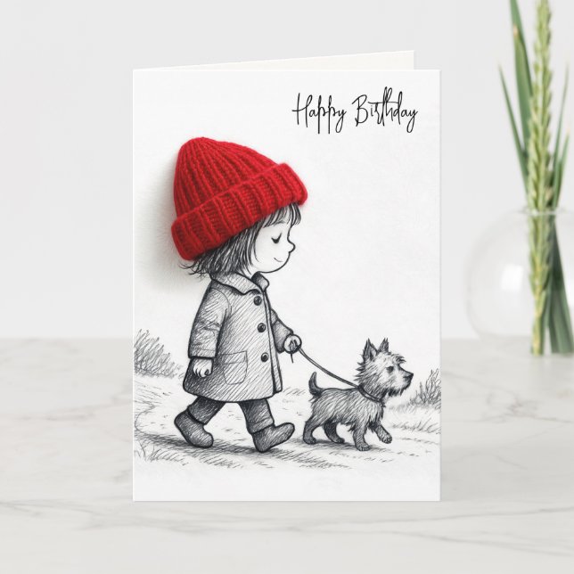 Carte Fille d'anniversaire promenant son chien (Devant)
