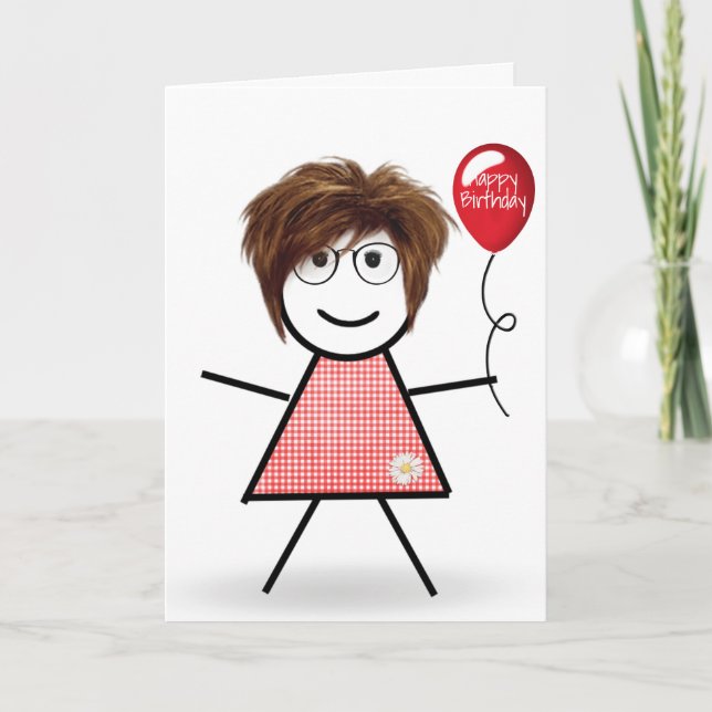 Carte Fille d'anniversaire Stick avec ballon rouge  (Devant)