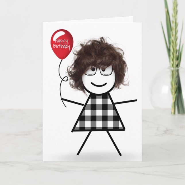 Carte Fille d'anniversaire Stick avec ballon rouge  (Devant)
