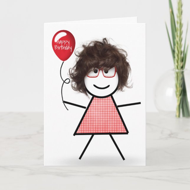 Carte Fille d'anniversaire Stick avec ballon rouge (Devant)