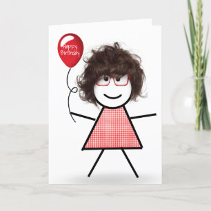 Carte Fille d'anniversaire Stick avec ballon rouge