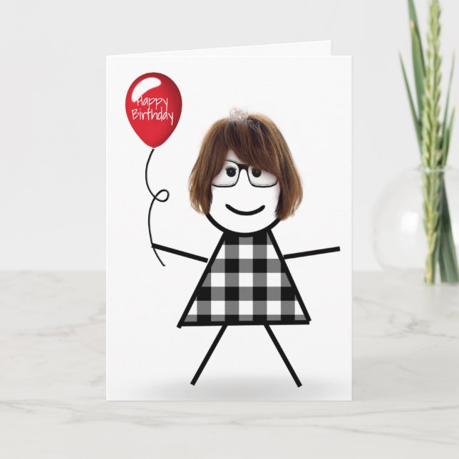 Carte Fille d'anniversaire Stick avec ballon rouge (Devant)