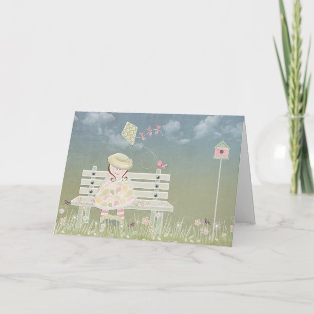 Carte Fille d'anniversaire sur banc avec cerf-volant (Devant)