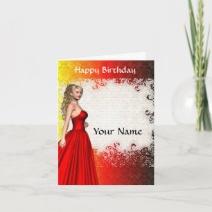 Carte Fille dans l'anniversaire rouge de robe