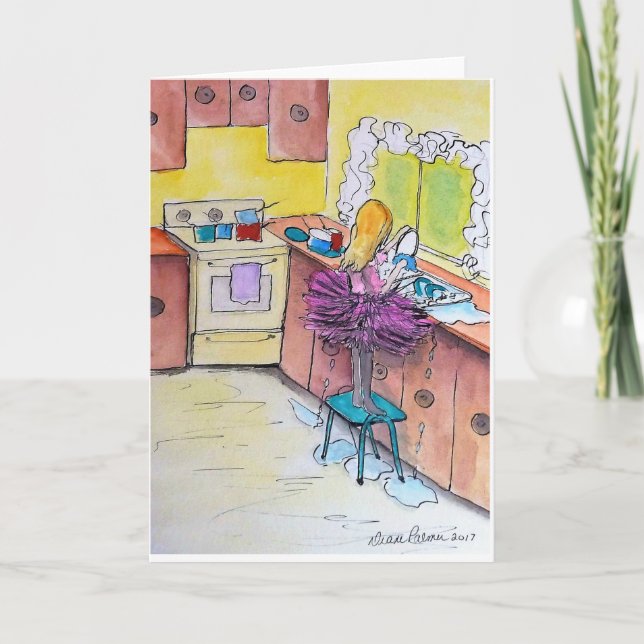 Carte Fille dans un Tutu rose, Peinture d'art populaire  (Devant)