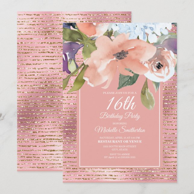 Carte Fille de 16 ans Anniversaire Fleurs Rose Bleu Pail (Devant / Derrière)