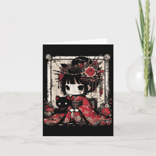 Carte Fille de Chibi Kimono Chat Noir Fleurs Art Japonai
