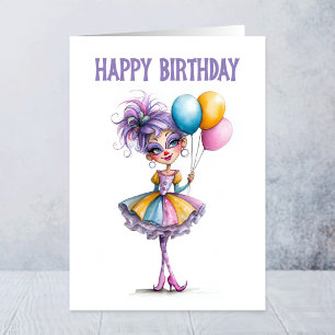 Carte Fille de clown colorée tenant des ballons d'annive