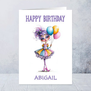 Carte Fille de clown colorée tenant des ballons d'annive